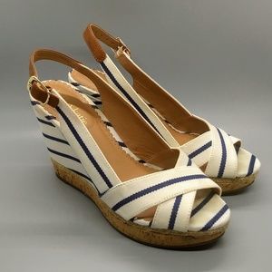 Navy/white striped platform wedges
